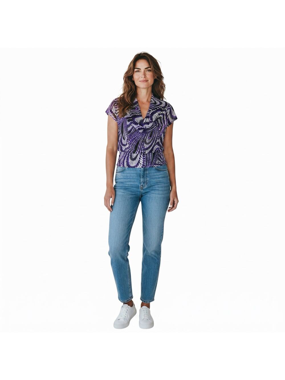 Karen Kane Mesh Cowl Neck Top Sheer S/S Purple XL Geometric Career Artsy NWT